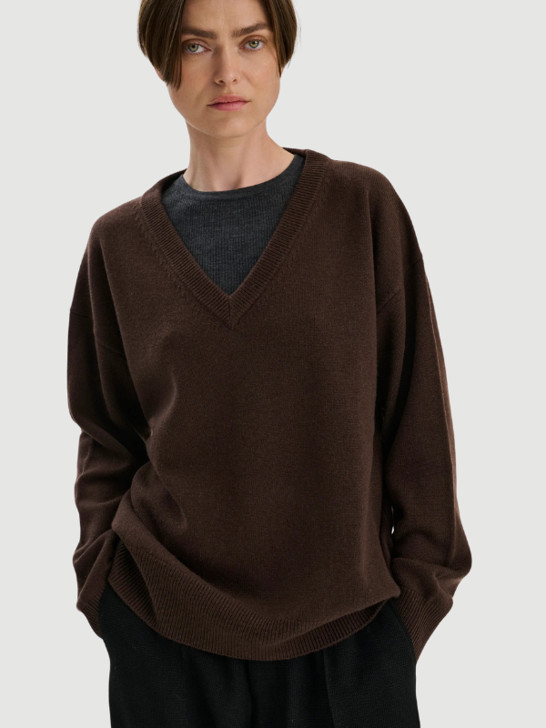 V-neck wool cashmere dark brown